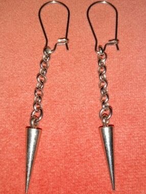 Silver Spike Long Chain Earrings Handmade Goth Steel Ear Wires Punk Biker KATTA